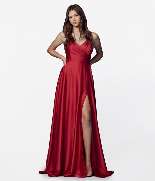 A-line V-neck Floor Length Slit Pocketed Lace-Up Satin Spaghetti Strap Prom Dress with a Brush/Sweep Train