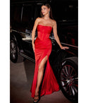 Strapless Floor Length Sheath Sweetheart Corset Waistline Ruched Pleated Slit Satin Sheath Dress/Evening Dress