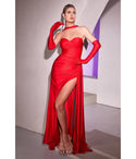 Sexy Strapless Ruched Draped Slit Satin Halter Prom Dress With a Sash