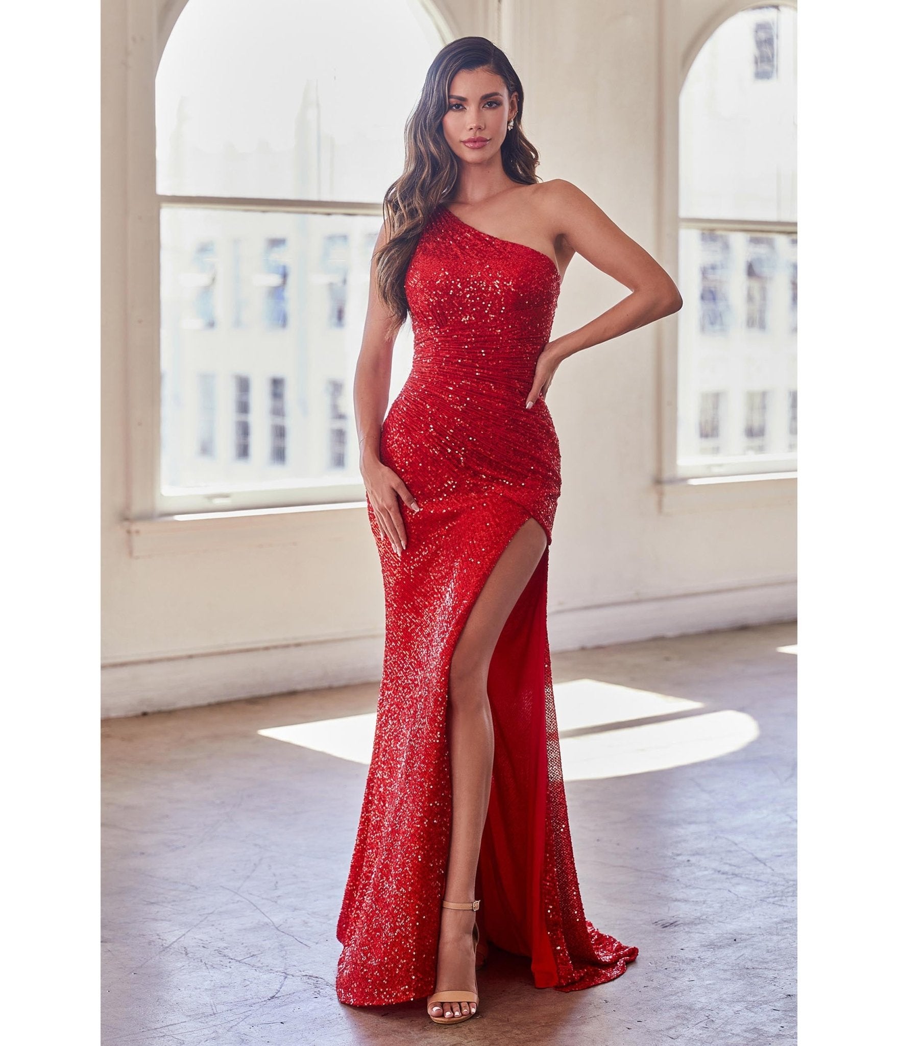 

Cinderella Divine Red Sequin One Shoulder Slit Evening Gown