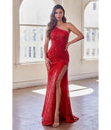 Sophisticated One Shoulder Sleeveless Floor Length Sequined Fitted Open-Back Asymmetric Slit Evening Dress with a Brush/Sweep Train