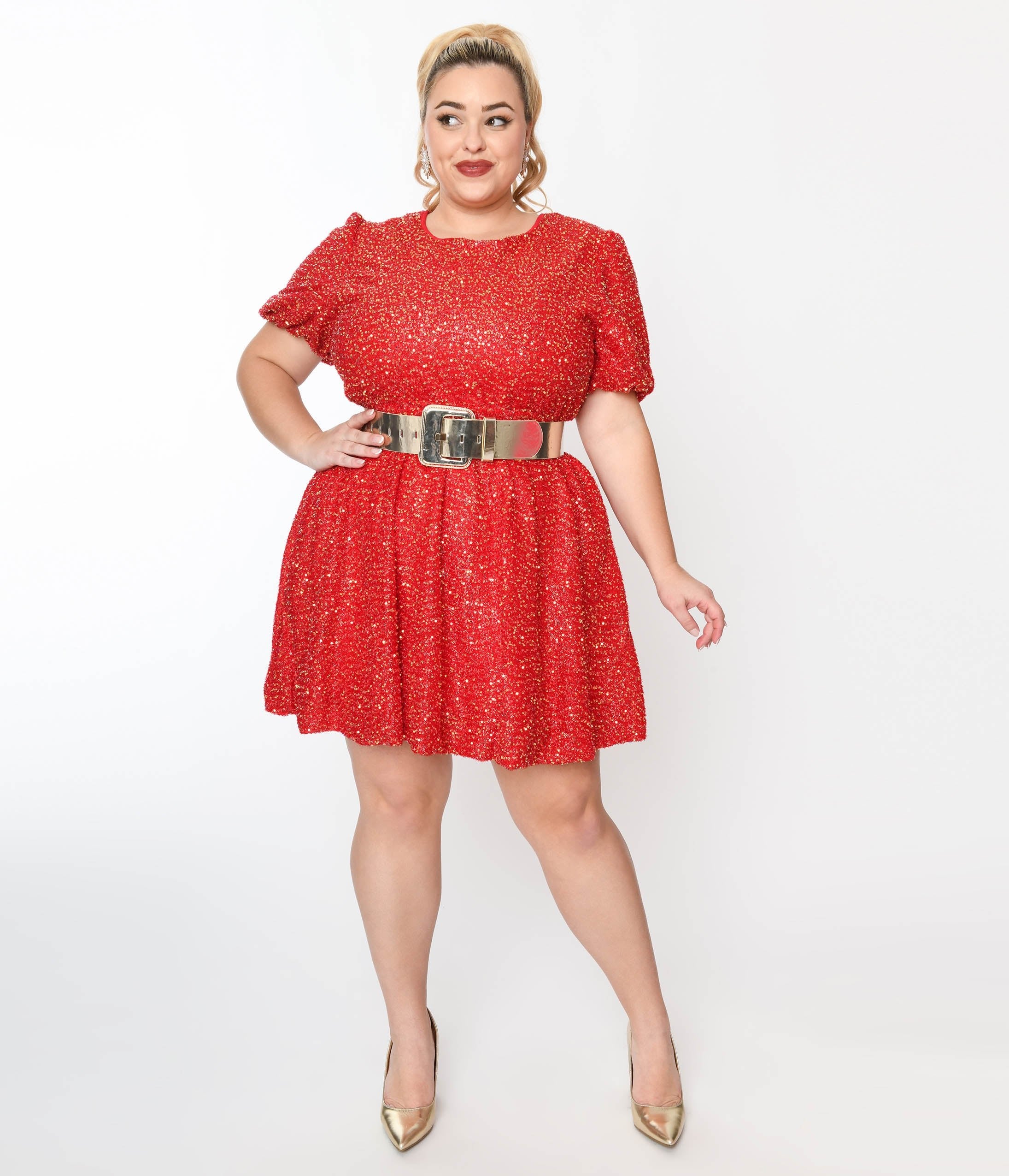 

Red Sequin Puff Sleeve Flare Dress