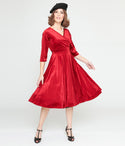 V-neck Velvet Goddess Pocketed Vintage Tie Waist Waistline 3/4 Sleeves Dress With a Sash