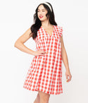 V-neck Cap Sleeves Checkered Gingham Print Summer Dress With Ruffles