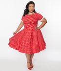 Scoop Neck Short Sleeves Sleeves Swing-Skirt Polka Dots Print Side Zipper Dress