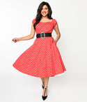 Short Polka Dots Print Square Neck Swing-Skirt Back Zipper Belted Ruched Pocketed Dress