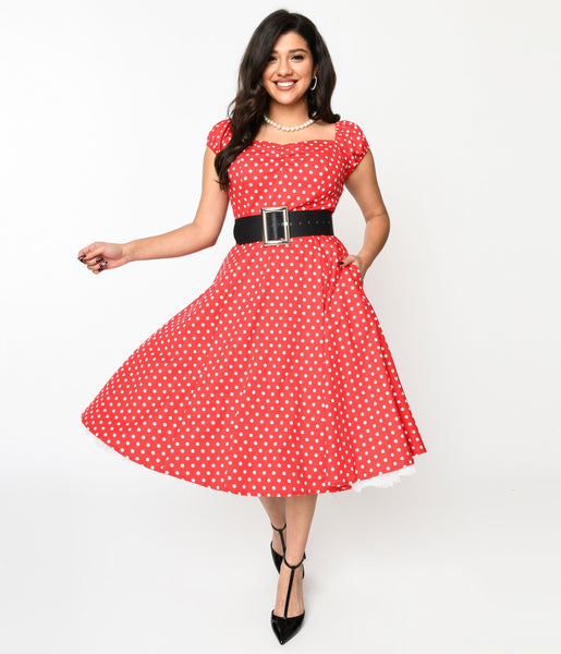 Short Belted Pocketed Ruched Back Zipper Swing-Skirt Polka Dots Print Square Neck Dress