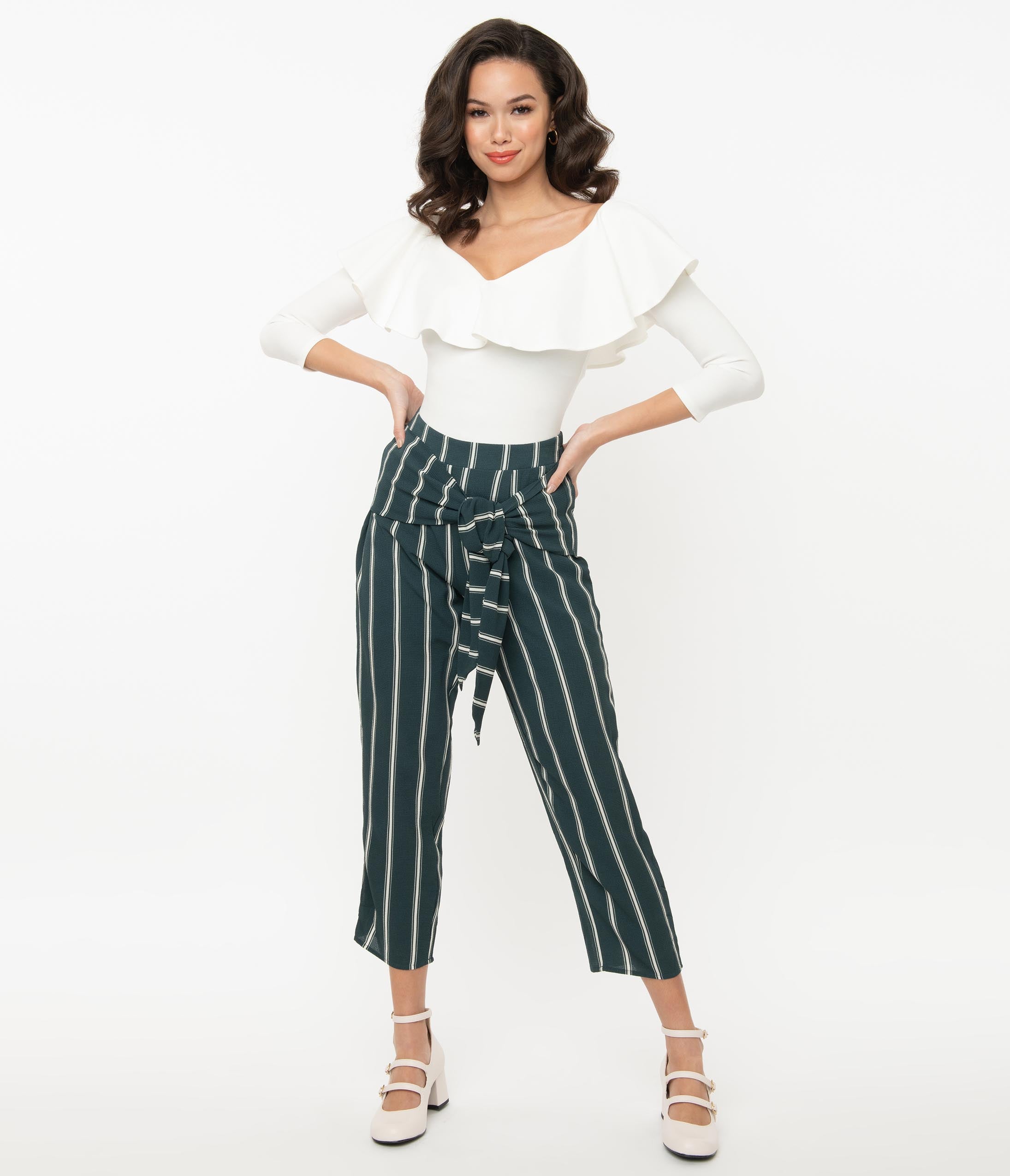 

Retro Style Dark Teal & White Stripe Pants