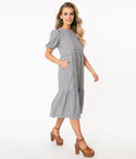 Modest Short Sleeves Sleeves Scoop Neck Checkered Gingham Print Tiered Vintage Button Closure Pocketed Midi Dress