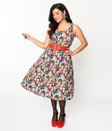 Elasticized Waistline General Print Sleeveless Scoop Neck Swing-Skirt Back Zipper Belted Pocketed Dress