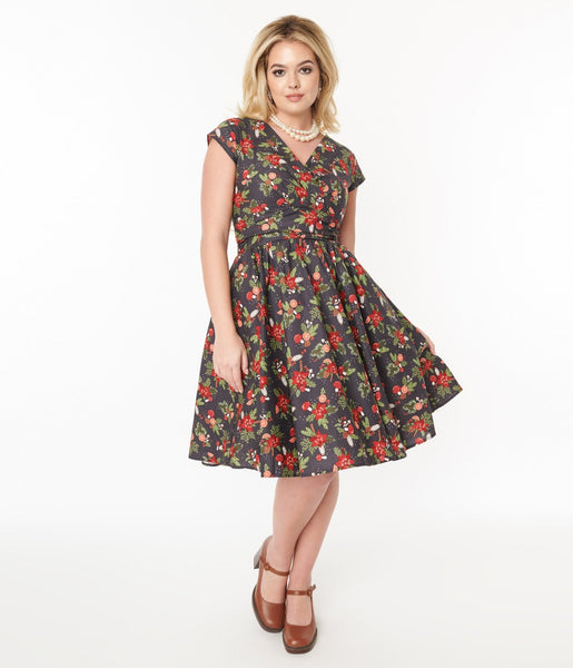 V-neck Swing-Skirt Floral Print Fitted Pleated Dress