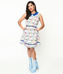 Fit-and-Flare General Print Fitted Piping Pocketed Back Zipper Collared Sleeveless Dress