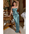Satin Spaghetti Strap Draped Lace-Up Slit Floor Length Bridesmaid Dress with a Brush/Sweep Train by Cinderella Divine Moto