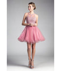 Sophisticated Sleeveless Ballerina Short Beaded Open-Back Applique Illusion Back Zipper Cutout Homecoming Dress