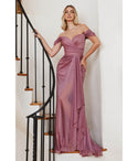 Short Sleeves Sleeves Off the Shoulder Gathered Glittering Draped Slit Prom Dress