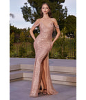 V-neck Fall Sheath Cold Shoulder Sleeves Spaghetti Strap Open-Back Slit Sequined Sheath Dress/Bridesmaid Dress
