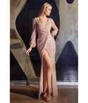 Sophisticated V-neck Gathered Slit Sequined Long Sleeves Evening Dress