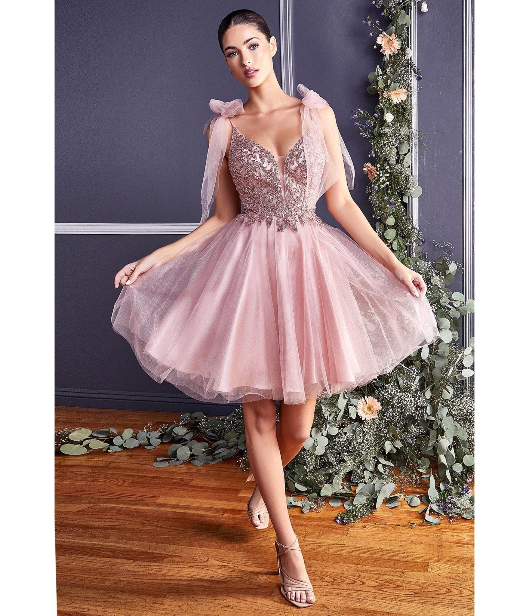 

Cinderella Divine Rose Gold Shimmer Tulle Flare Prom Dress