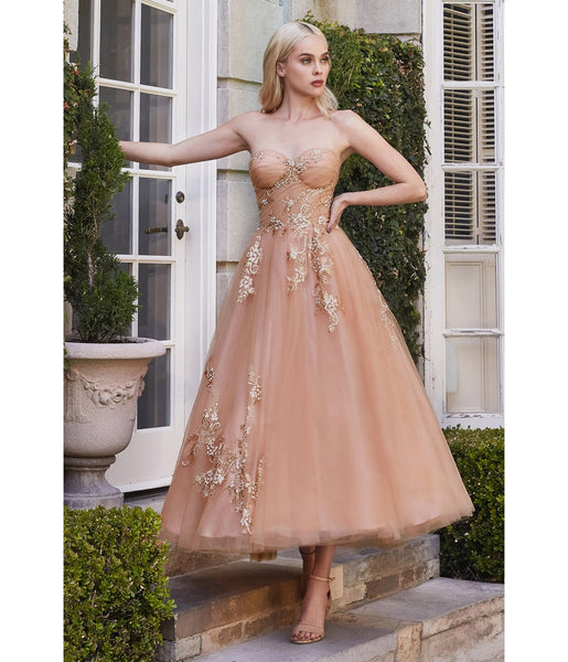 Sophisticated A-line Strapless Sweetheart Tulle Tea Length Button Closure Ruched Open-Back Dress