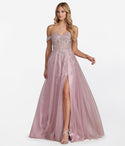 Sequined Semi Sheer Slit Off the Shoulder Corset Waistline Floral Print Ball Gown Prom Dress