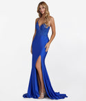 V-neck Open-Back Slit Beaded Prom Dress