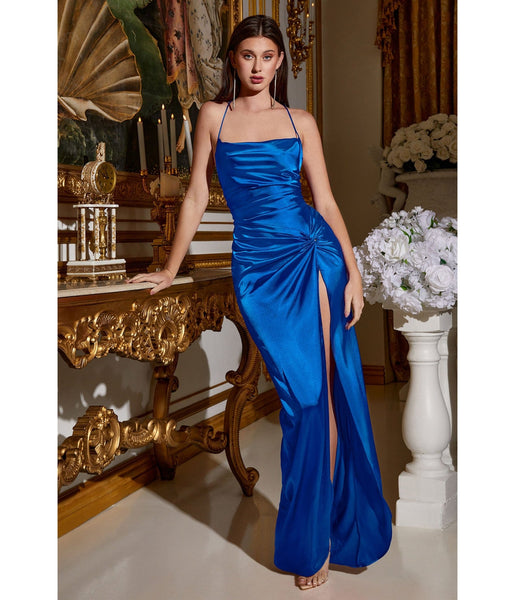 Sophisticated Floor Length Satin Spaghetti Strap Draped Slit Lace-Up Straight Neck Bridesmaid Dress with a Brush/Sweep Train