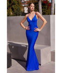 V-neck Satin Sleeveless Spaghetti Strap Glittering Open-Back Fitted Floor Length Evening Dress with a Brush/Sweep Train