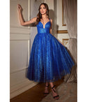 Lace-Up Pocketed Illusion Glittering Tea Length Sleeveless Spaghetti Strap Sweetheart Ball Gown Dress