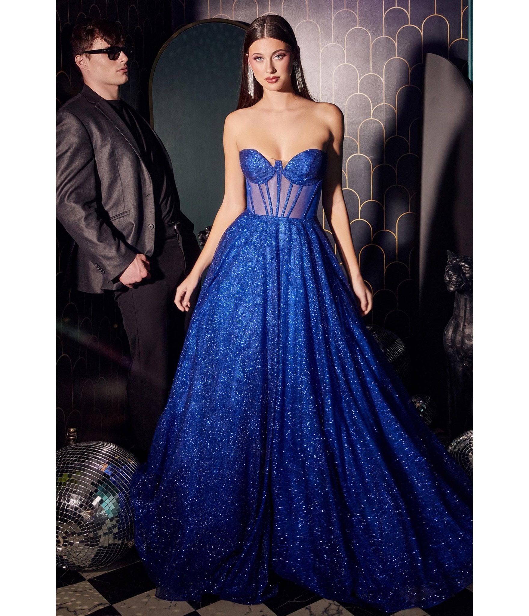 

Cinderella Divine Royal Blue Glitter Strapless Corset Prom Gown