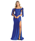 Off the Shoulder Satin Ruched Slit Fitted Back Zipper Self Tie Prom Dress/Maxi Dress