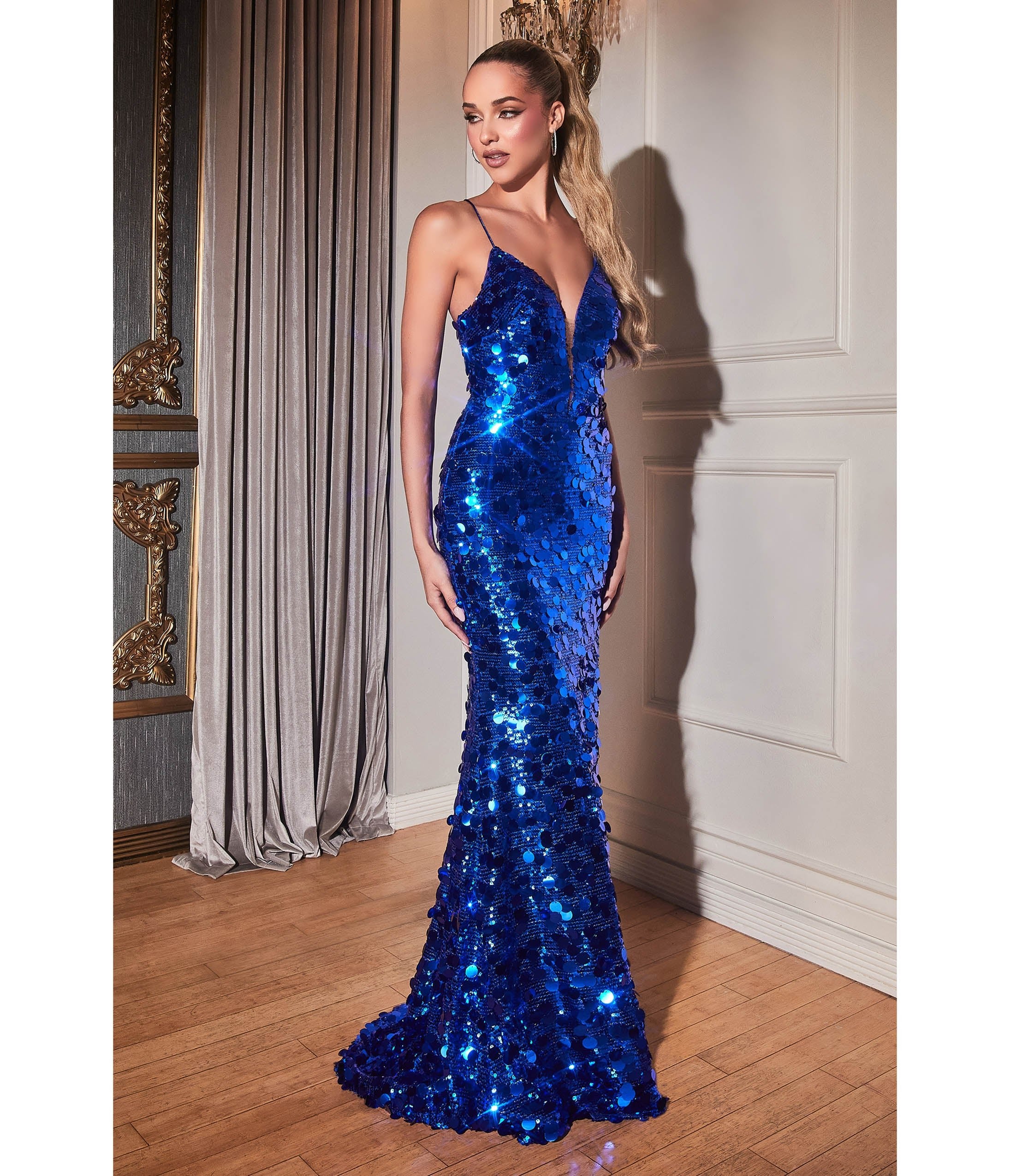 

Cinderella Divine Royal Blue Pailllette Sequin Sheath Evening Gown