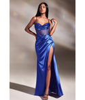 Sophisticated Floor Length Corset Waistline Satin Cowl Neck Sweetheart Spaghetti Strap Draped Slit Fitted Lace-Up Illusion Beaded Prom Dress with a Brush/Sweep Train