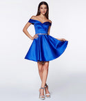 A-line Satin Above the Knee Off the Shoulder Sweetheart V Back Flowy Prom Dress