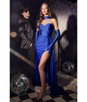 Sexy Strapless Satin Halter Ruched Slit Draped Prom Dress With a Sash