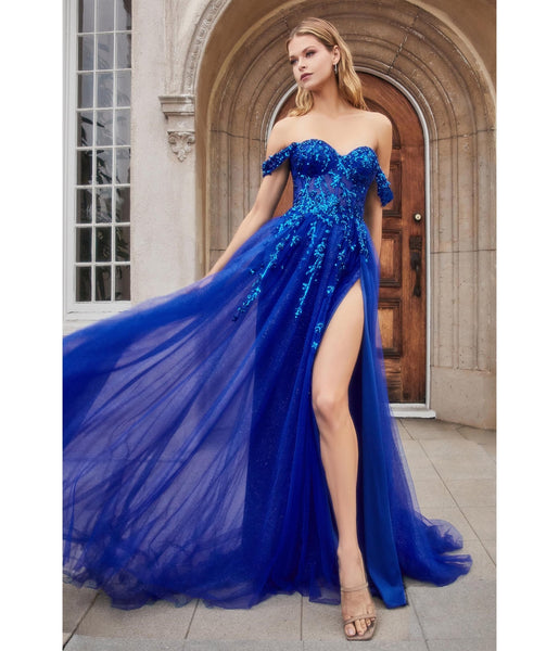 Sophisticated A-line Sweetheart Corset Waistline Floor Length Tulle Draped Open-Back Slit Applique Illusion Glittering Sequined Off the Shoulder Evening Dress with a Brush/Sweep Train