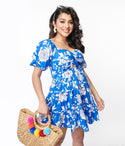 Fit-and-Flare Sweetheart Floral Print Short Cutout Fitted Puff Sleeves Sleeves Dress