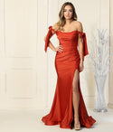 Satin Slit Ruched Self Tie Back Zipper Fitted Off the Shoulder Prom Dress/Maxi Dress