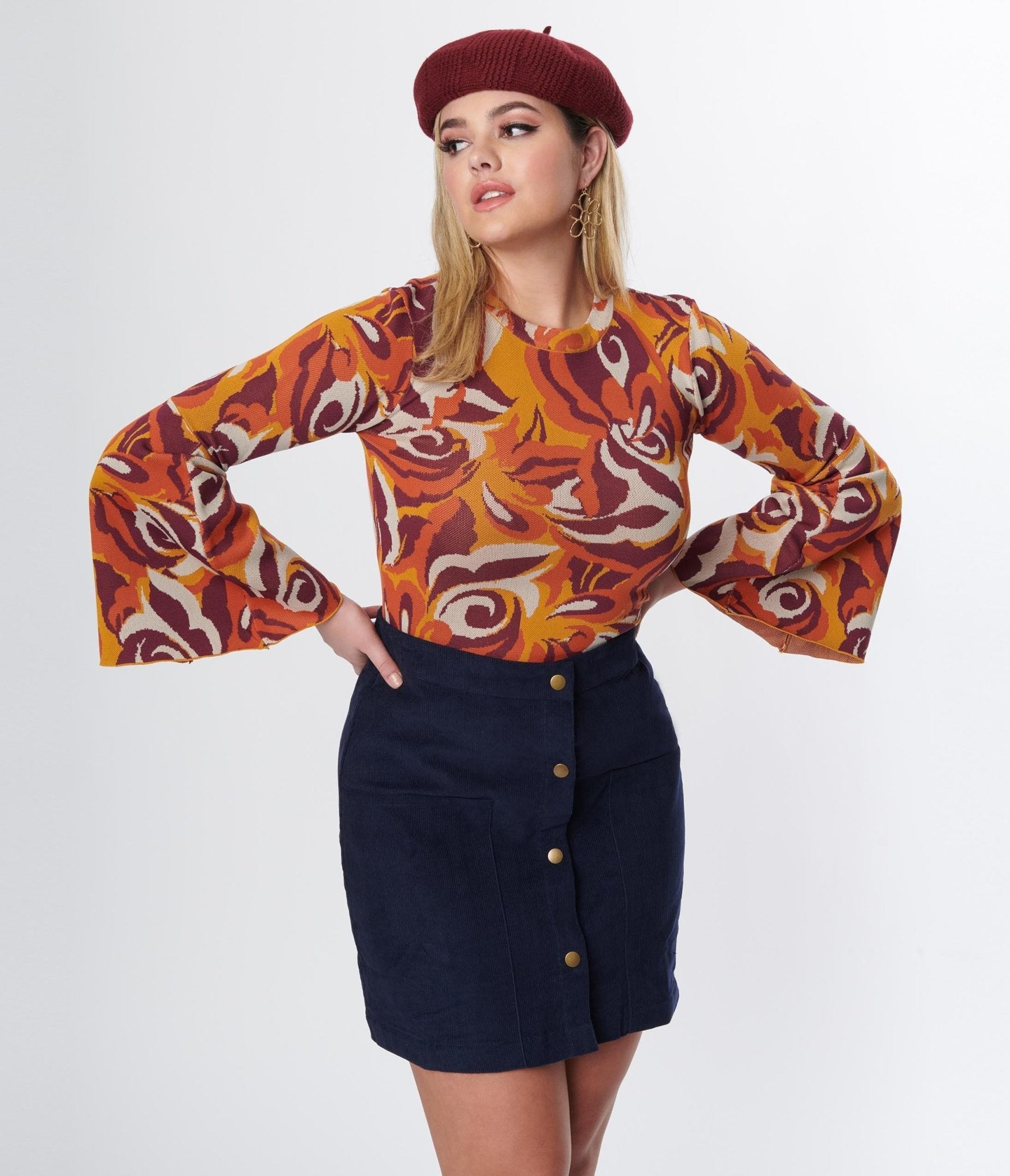 

Rust Orange & Purple Abstract Swirl Knit Top