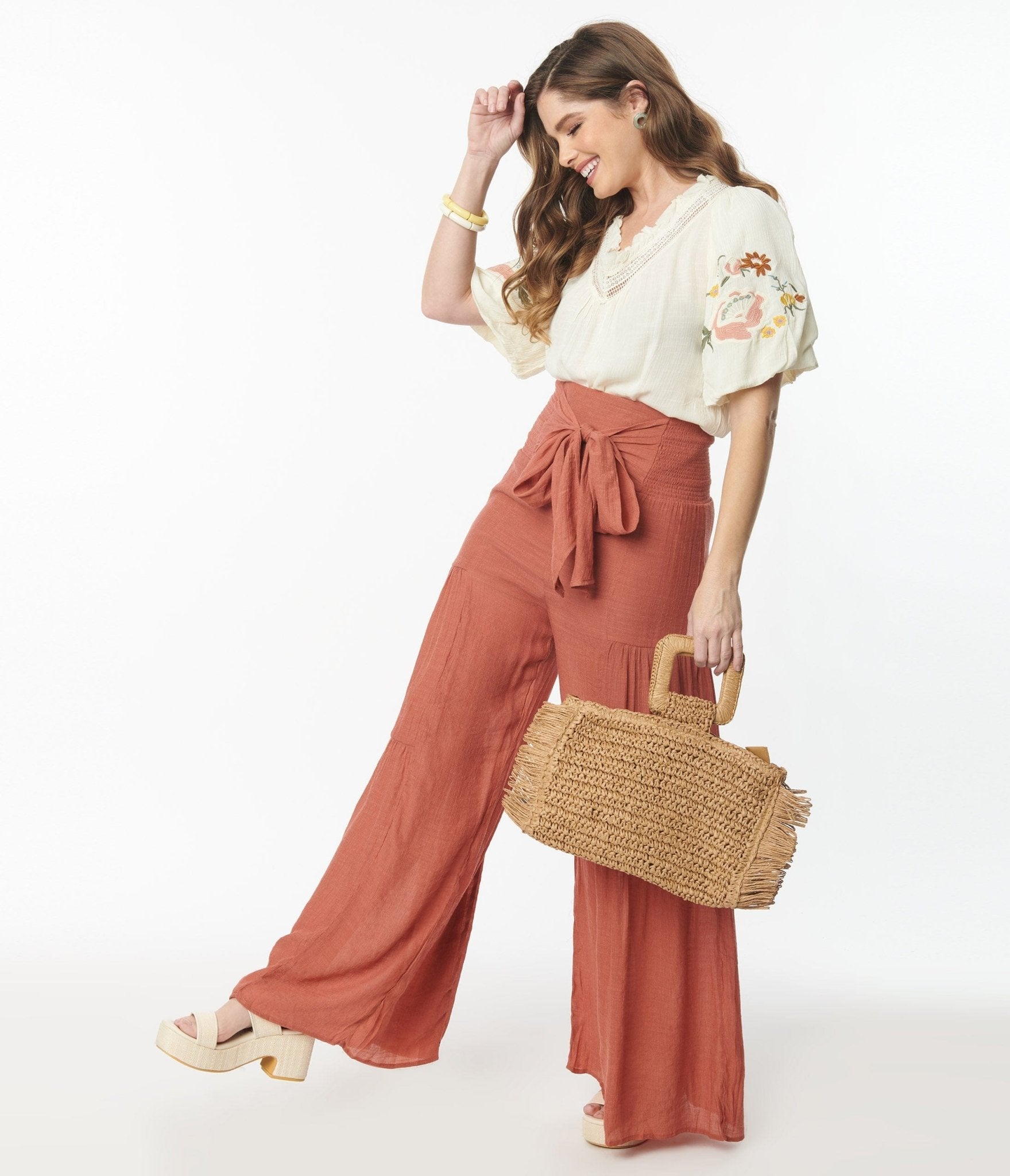 

Rust Tie Front Wide Leg Pants