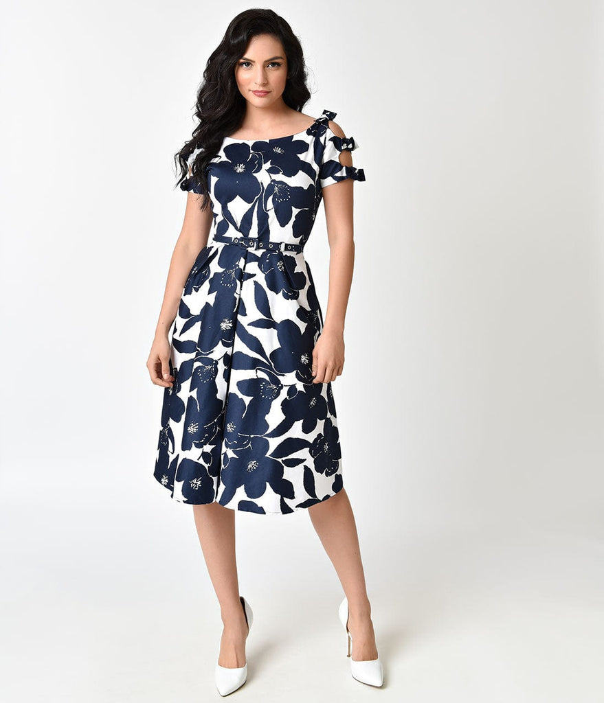 Unique Vintage 1950s White & Navy Floral Bow Sleeve Selma Swing Dress