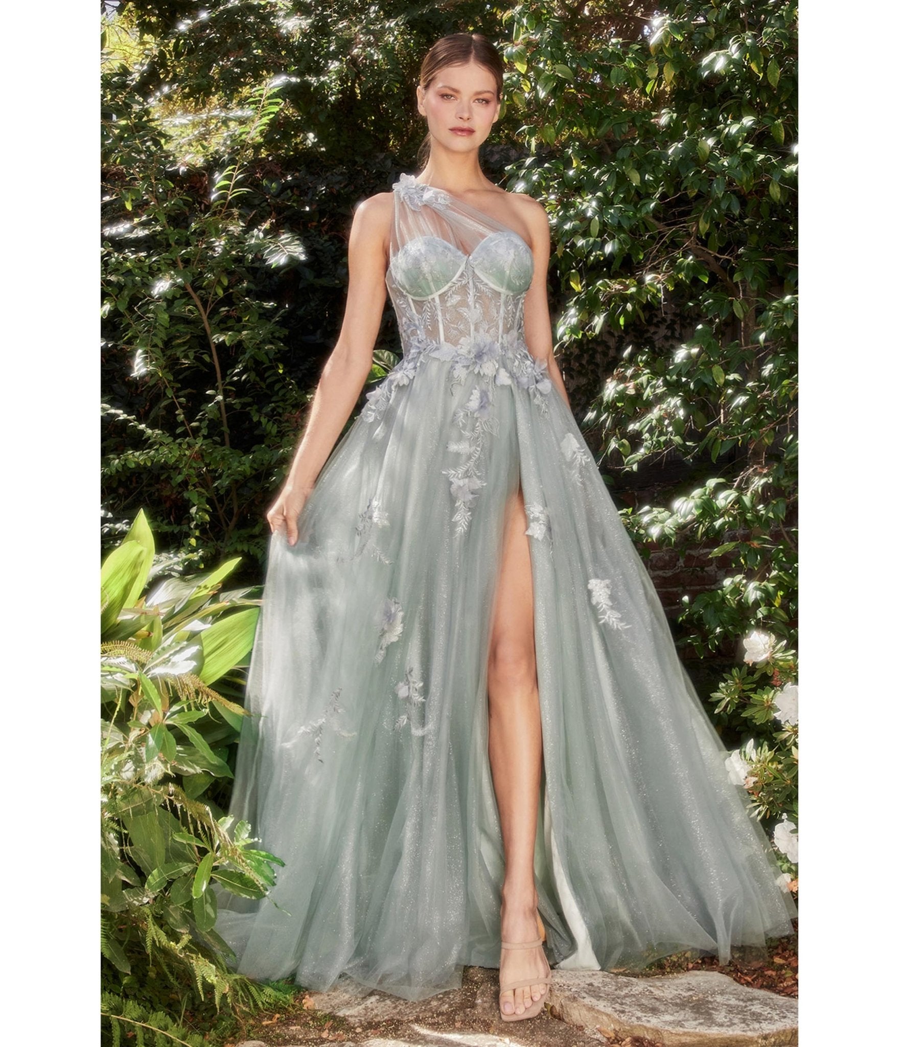 

Cinderella Divine Sage Floral Applique One Shoulder Leila Evening Gown