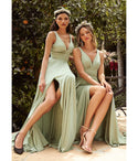 A-line V-neck Empire Waistline Satin Slit Shirred Bridesmaid Dress