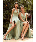 A-line V-neck Satin Slit Shirred Empire Waistline Bridesmaid Dress