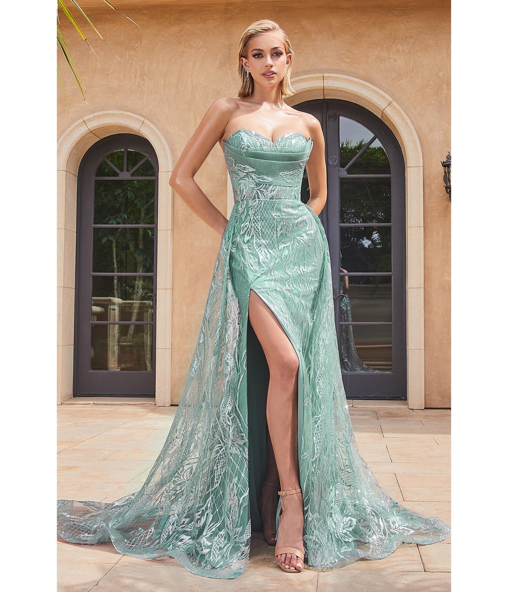 

Cinderella Divine Sage Glitter Printed Strapless Mermaid Evening Gown