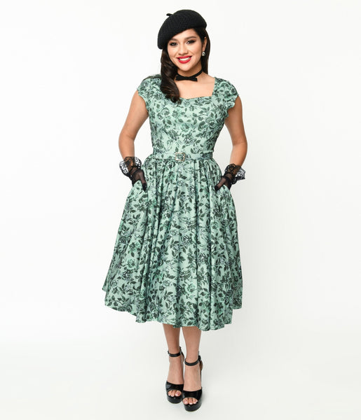 Swing-Skirt Short Cap Sleeves Sweetheart Floral Print Dress