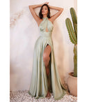 A-line Satin Wrap Open-Back Slit Halter Sleeveless Evening Dress