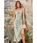 Sexy Satin Draped Asymmetric Pleated Fitted Slit Cowl Neck Homecoming Dress/Bridesmaid Dress/Slip Dress/Midi Dress