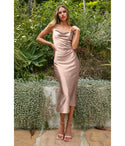 Sexy Cowl Neck Pleated Fitted Slit Asymmetric Draped Satin Homecoming Dress/Bridesmaid Dress/Slip Dress/Midi Dress