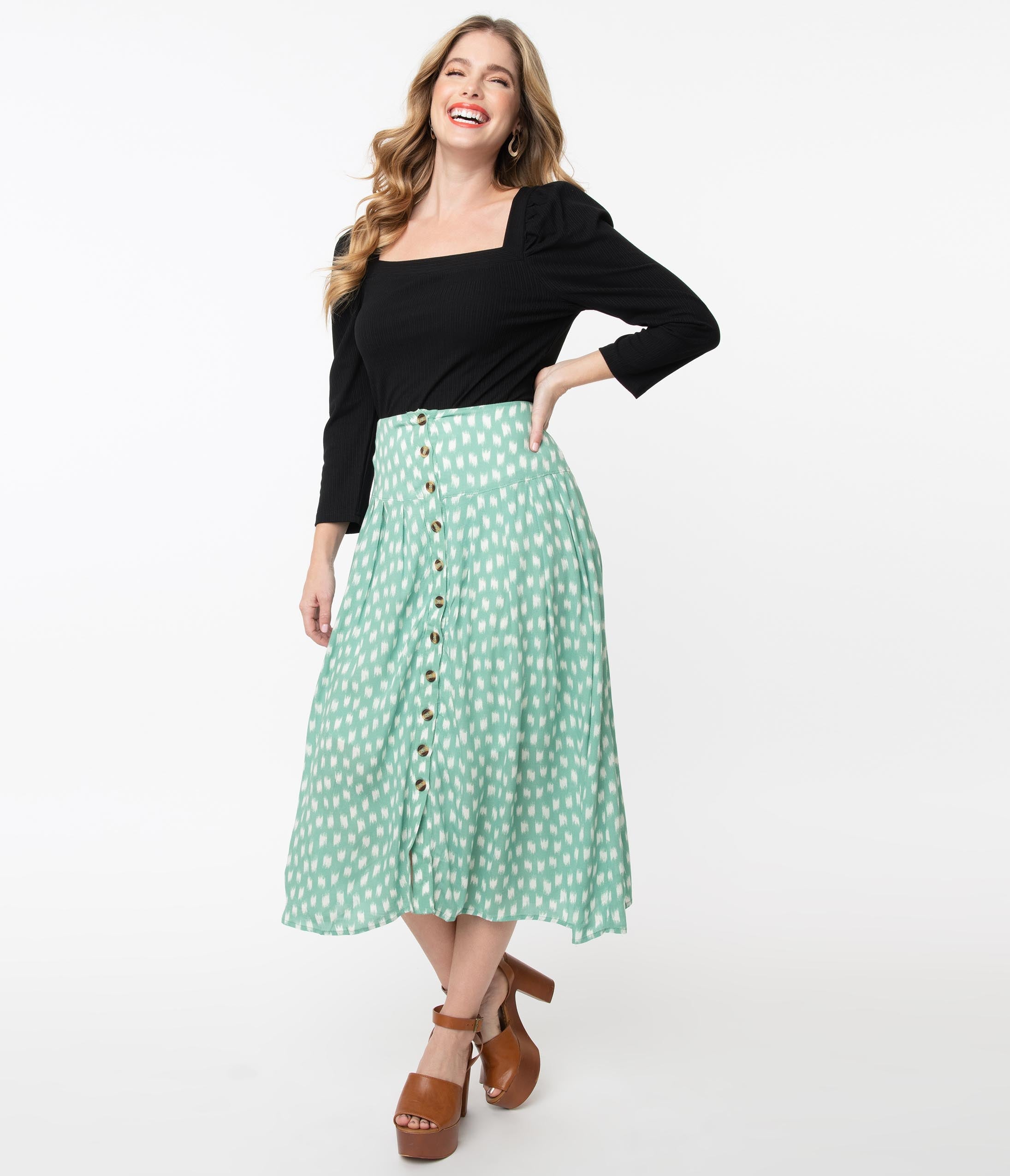 

Seafoam Green & White Brushed Print Midi Skirt