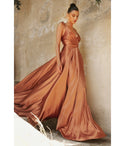 A-line V-neck Satin Flowy Self Tie Slit Bridesmaid Dress